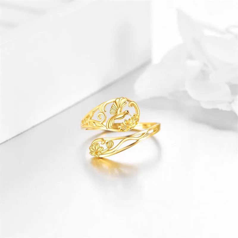 14k Yellow Gold Adjuatable Spoon Dragonfly Butterfly Hummingbird Animal Ring