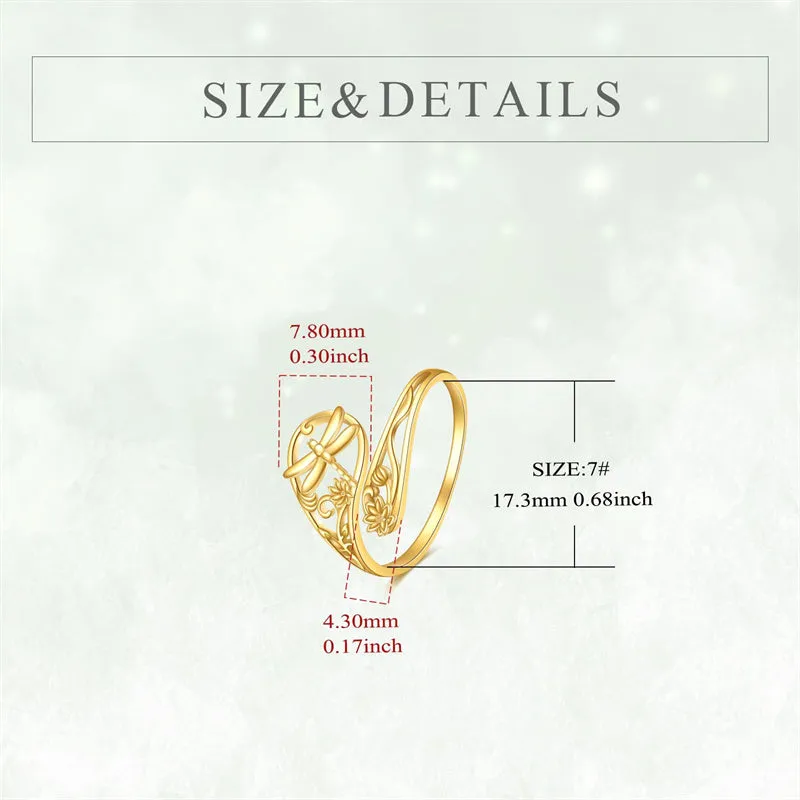 14k Yellow Gold Adjuatable Spoon Dragonfly Butterfly Hummingbird Animal Ring