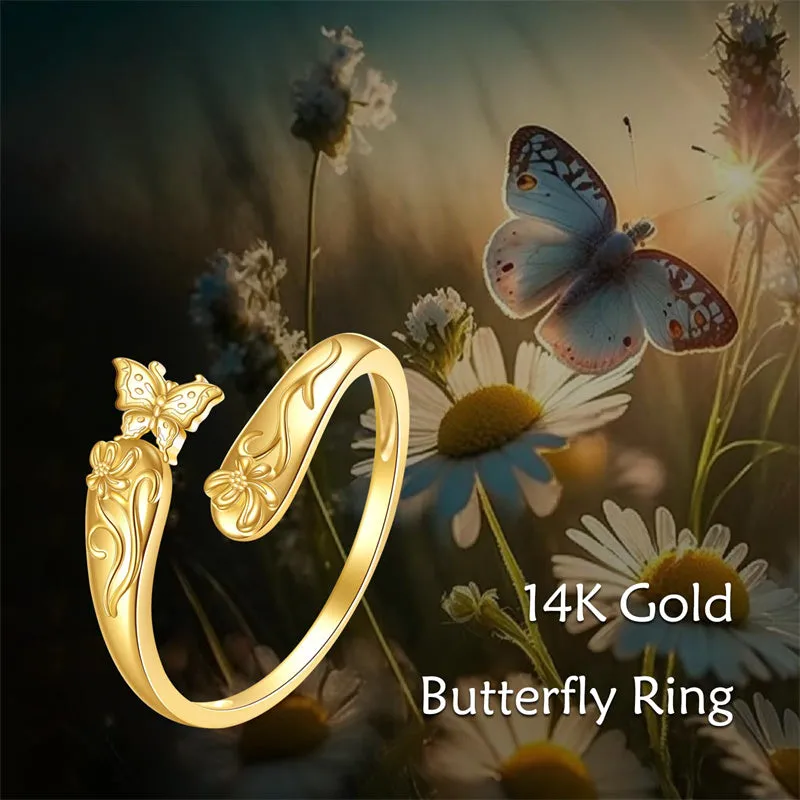 14k Yellow Gold Adjuatable Spoon Dragonfly Butterfly Hummingbird Animal Ring