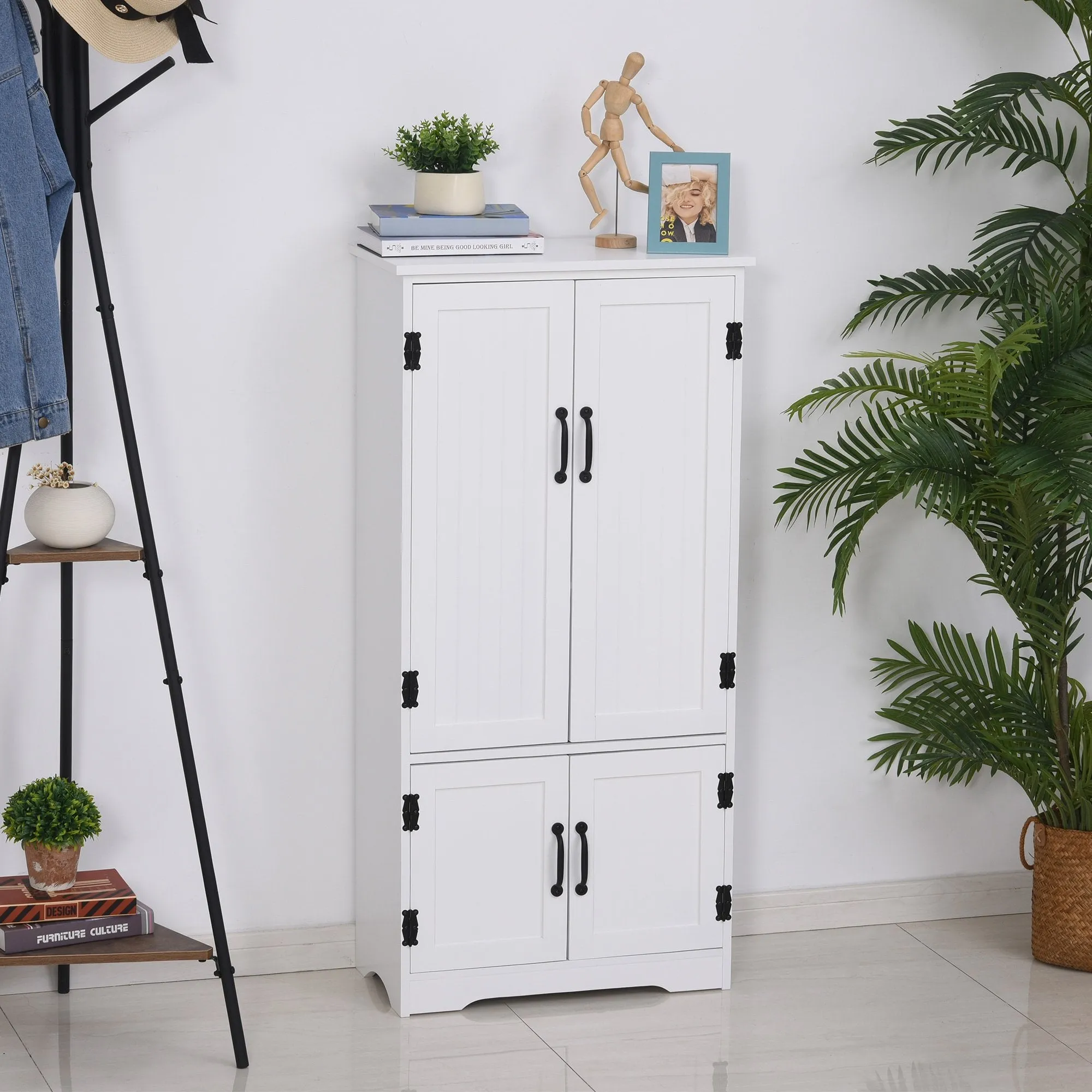 Accent Floor Storage Cabinet Kitchen Pantry with Adjustable Shelves and 2 Lower Doors, White w/Adjustable Shelves