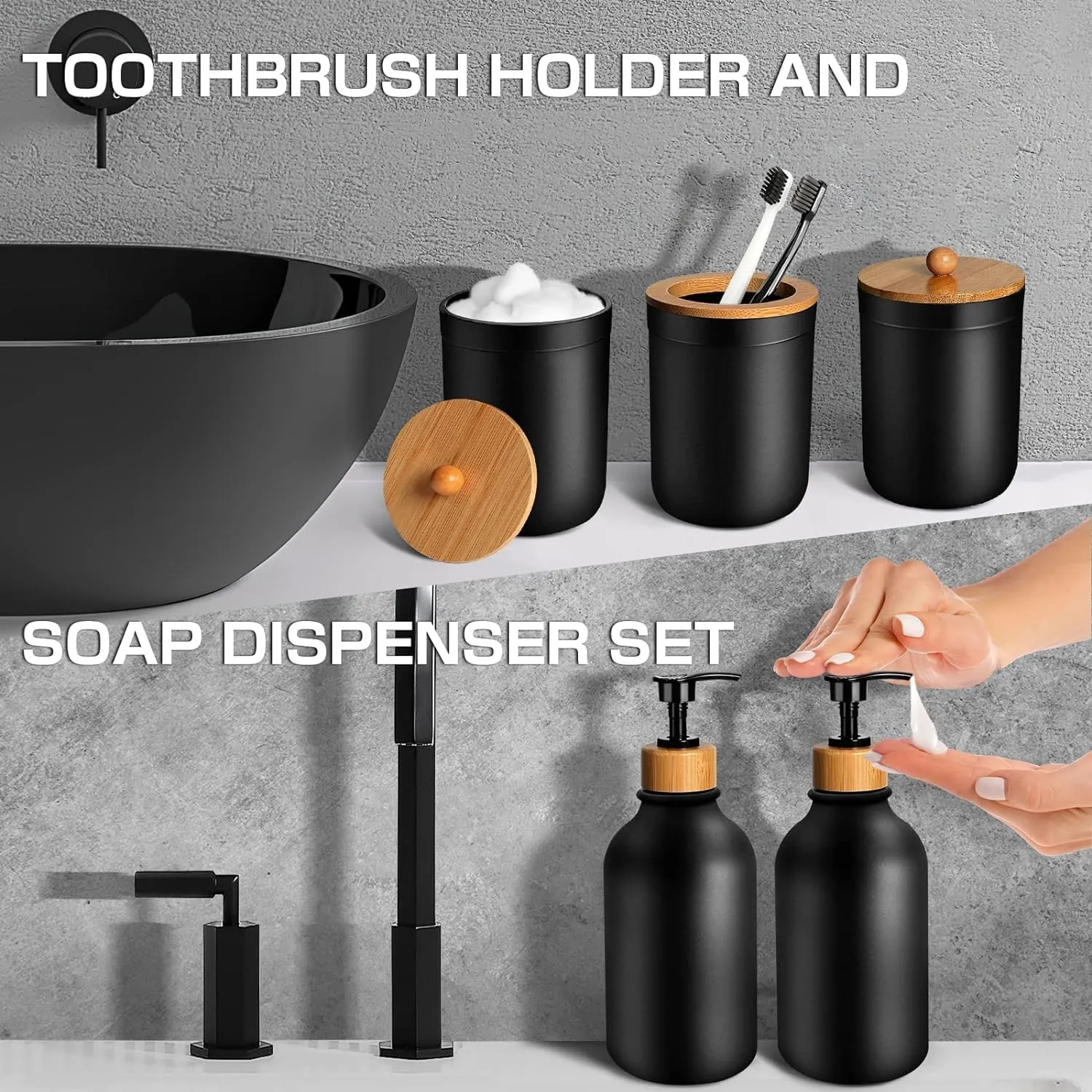 ALPIRIRAL Black Bathroom Accessories Set 5 Pcs, Matte Black Bathroom Accessories, Plastic Soap Dispenser and Toothbrush Holder Set, Qtip & Cotton Ball Holder, Black Bathroom Set, Boho Bathroom Decor