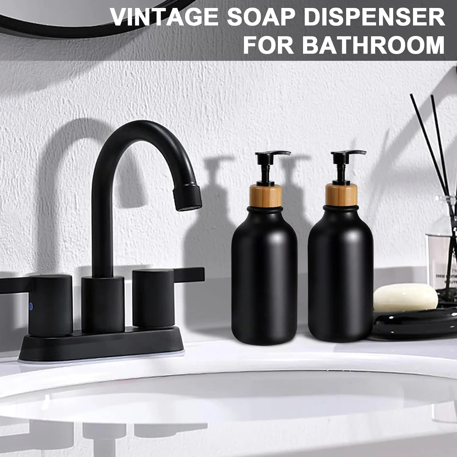 ALPIRIRAL Black Bathroom Accessories Set 5 Pcs, Matte Black Bathroom Accessories, Plastic Soap Dispenser and Toothbrush Holder Set, Qtip & Cotton Ball Holder, Black Bathroom Set, Boho Bathroom Decor