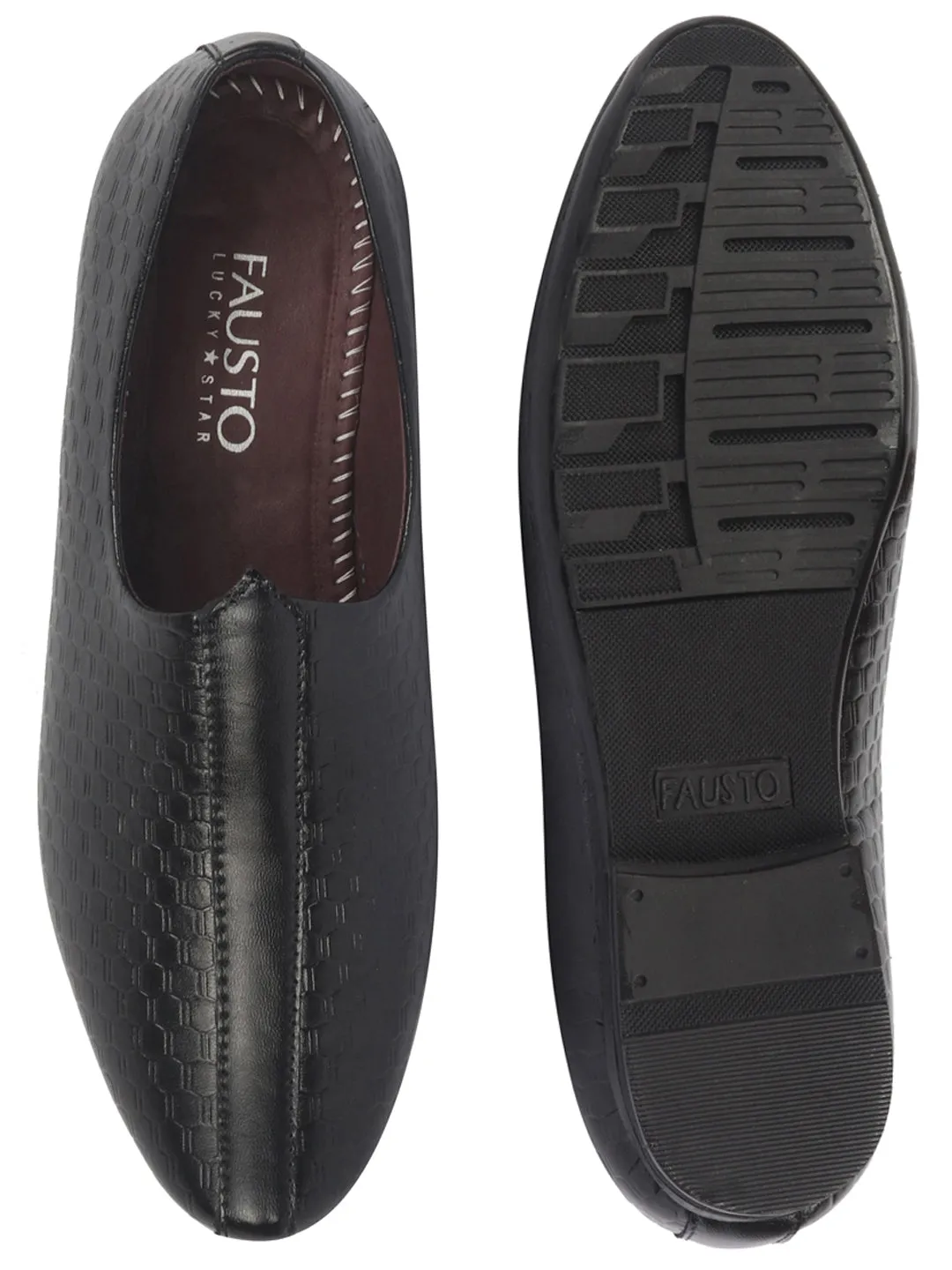 Basics Men Black Embossed Design Ethnic Slip On Juttis and Mojaris