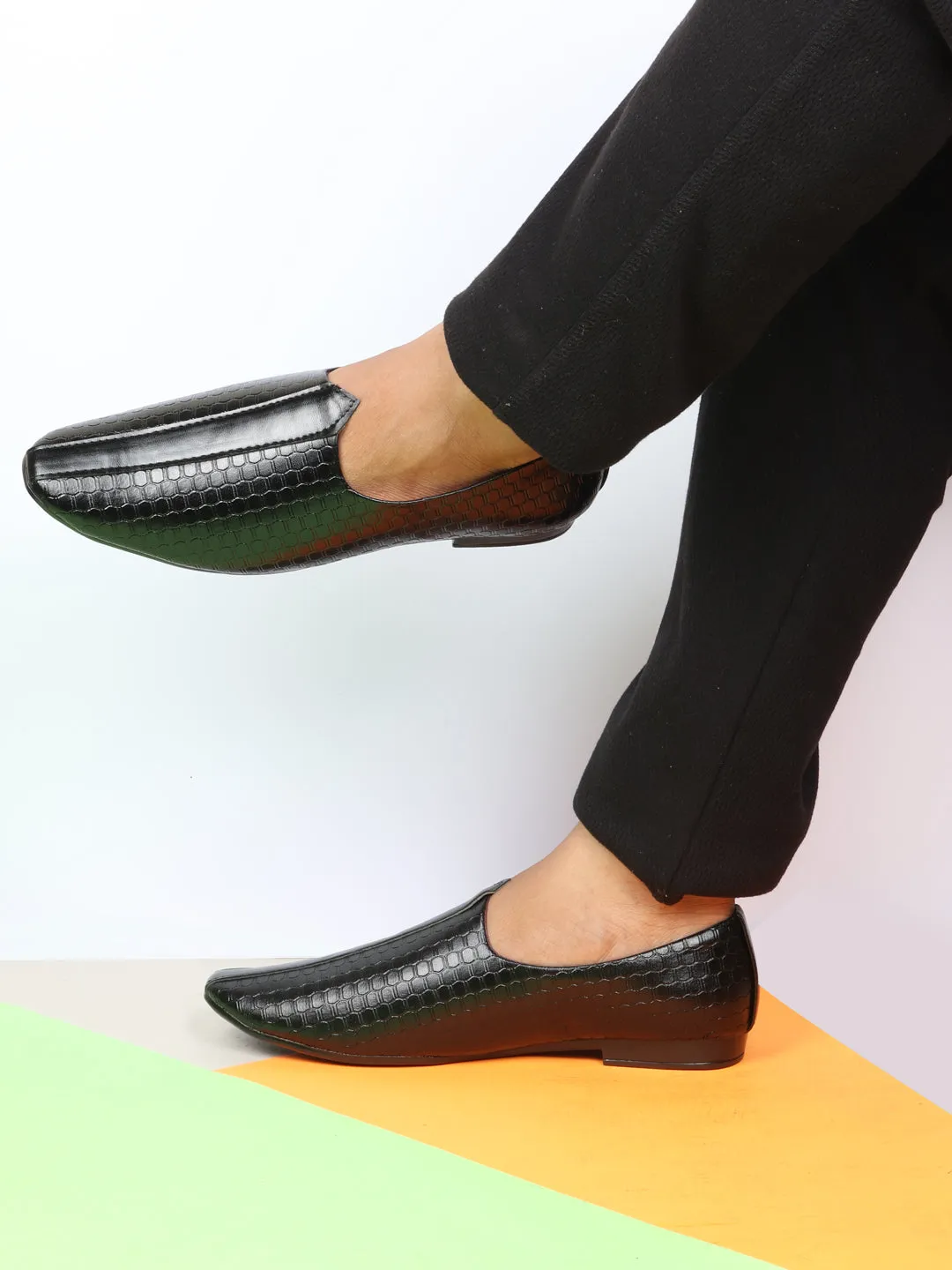 Basics Men Black Embossed Design Ethnic Slip On Juttis and Mojaris