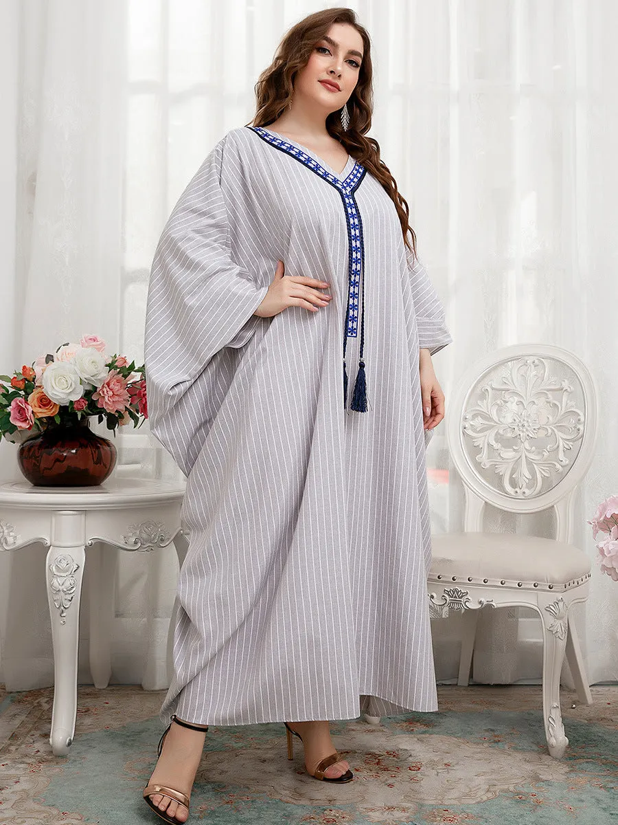 Casual Embroidered Fringe Striped Bat Sleeve Loose Maxi Dress Wholesale Plus Size Clothing