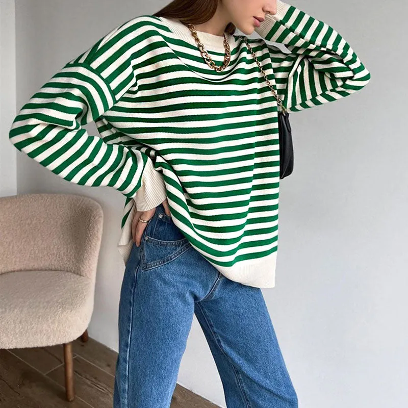 Contrast Crew Neck Oversized Pullover Green And White Sweater