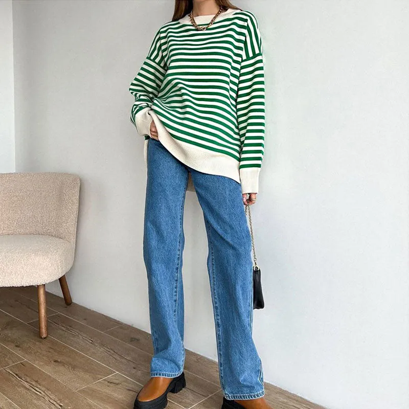 Contrast Crew Neck Oversized Pullover Green And White Sweater