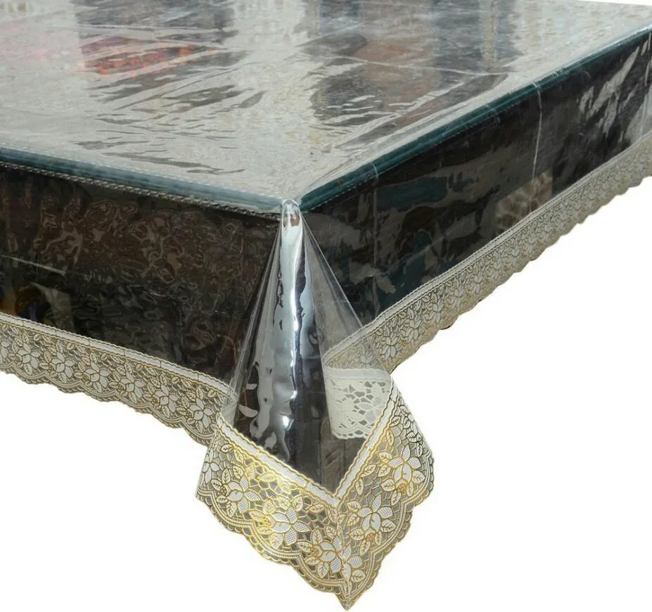 Designer mart transparent 1 piece dining table cover with Golden lace.