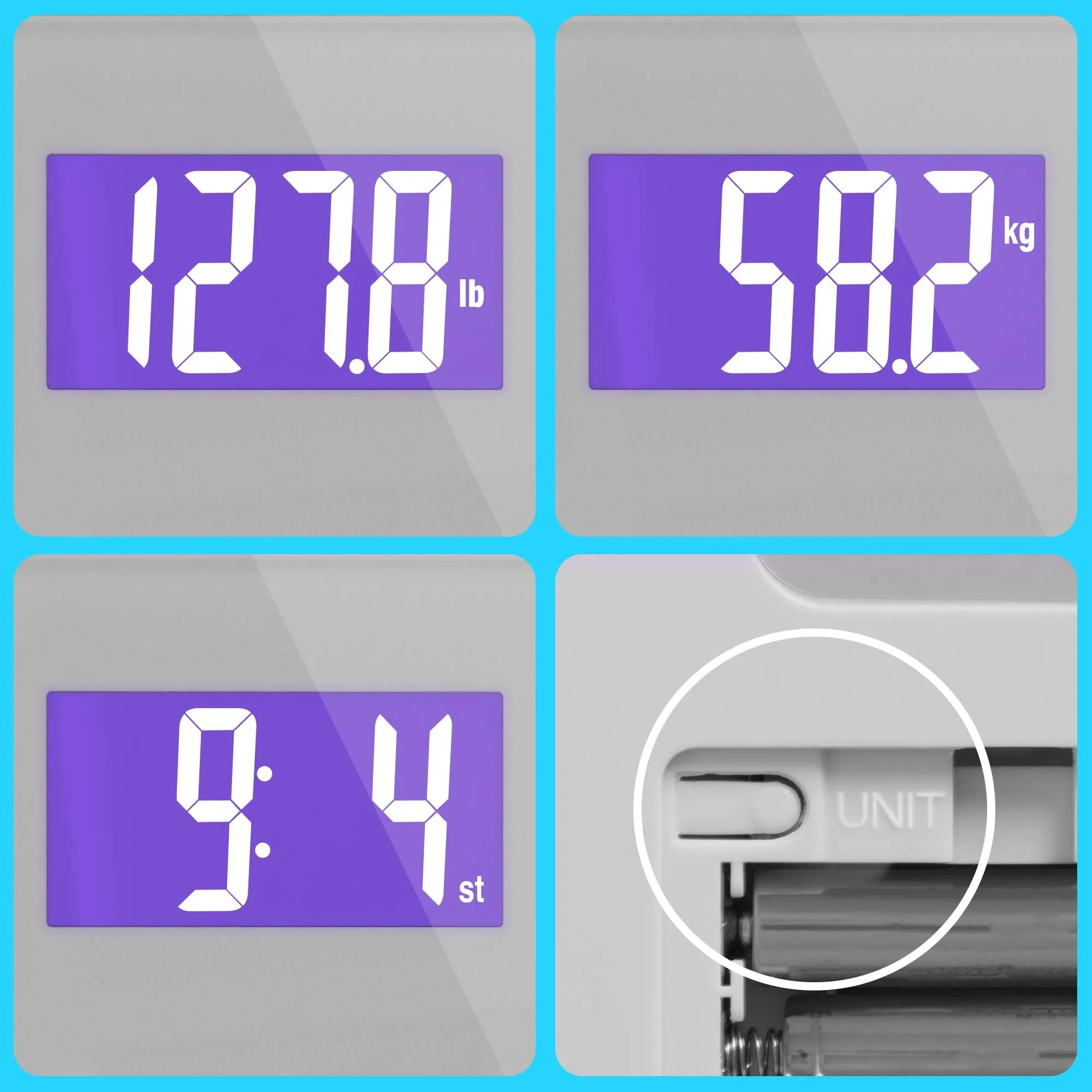 Duronic Digital Bathroom Body Scales BS603 | Measures Body Weight in Kilograms, Pounds and Stones | Silver Glass Design with Purple Backlight | Step-On Activation | Precision Sensors | 180kg Capacity