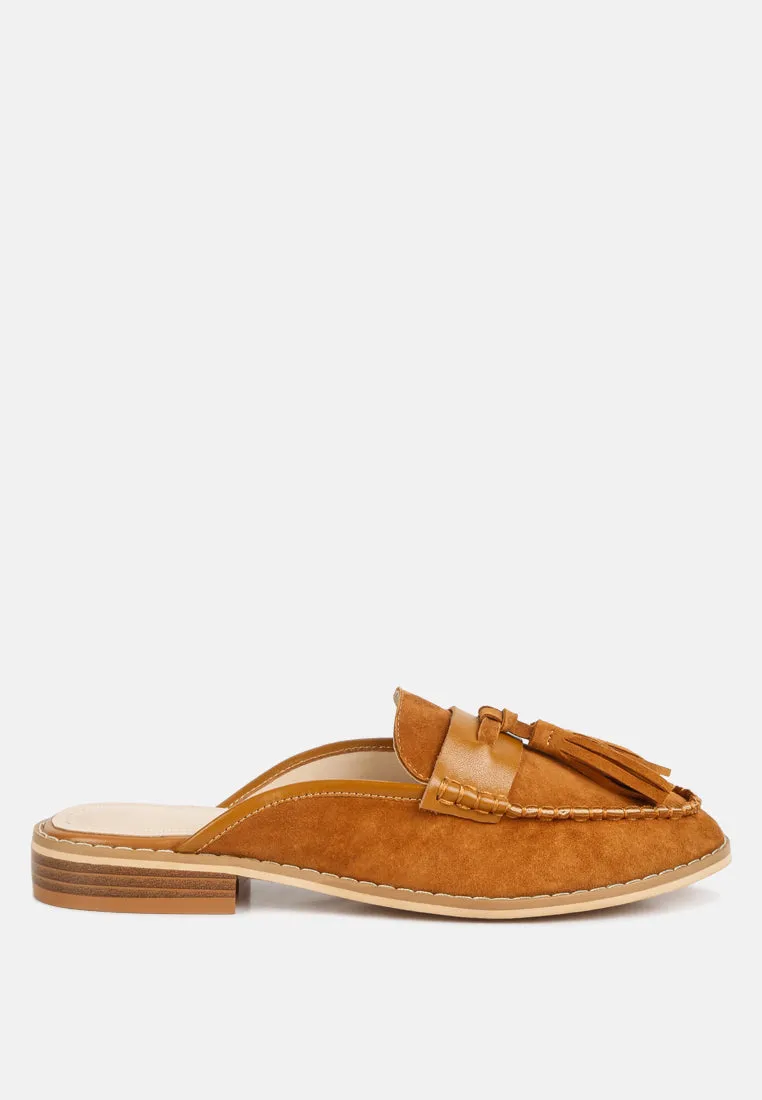 EDMANDA Tassle Detail Leather Mules in Light Tan