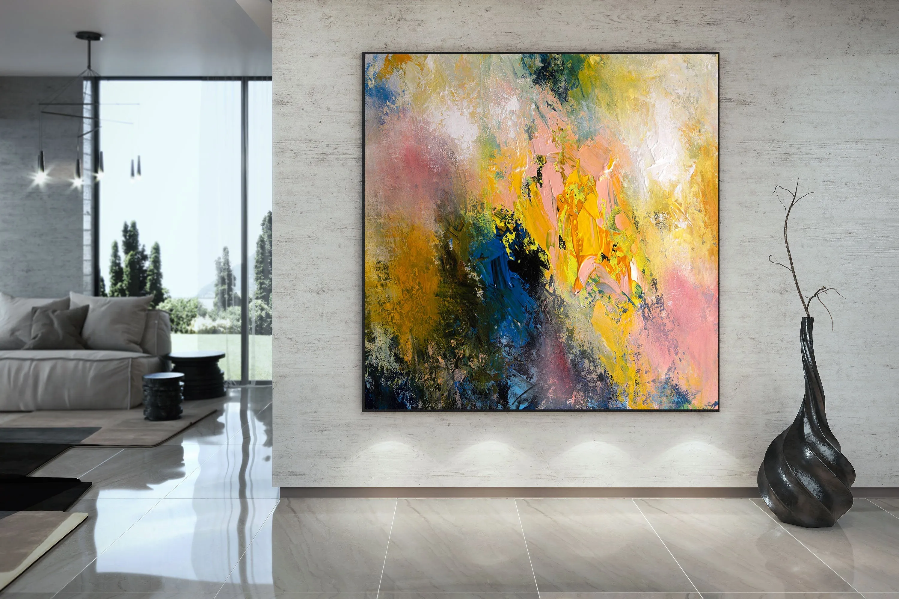 Extra Large Modern Wall Art Yellow Pink Blue Dine Room Wall Art