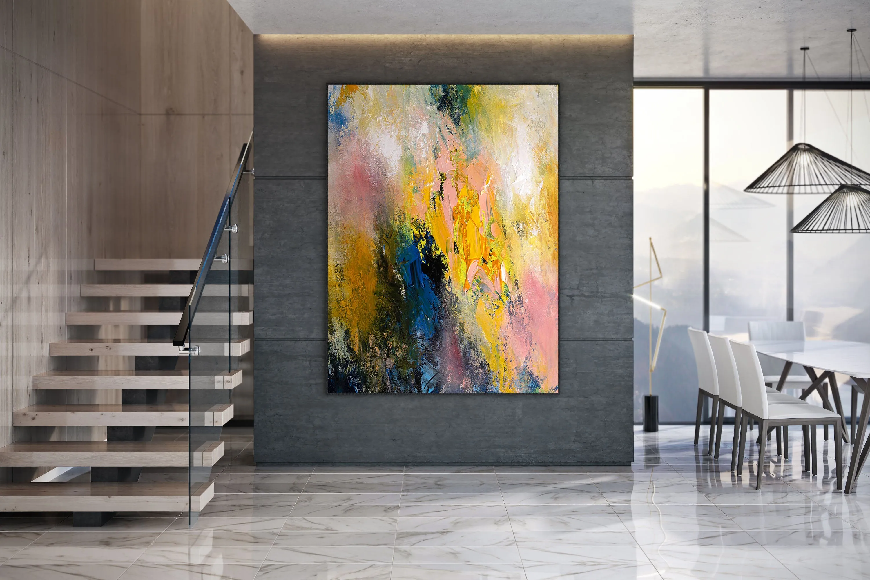 Extra Large Modern Wall Art Yellow Pink Blue Dine Room Wall Art