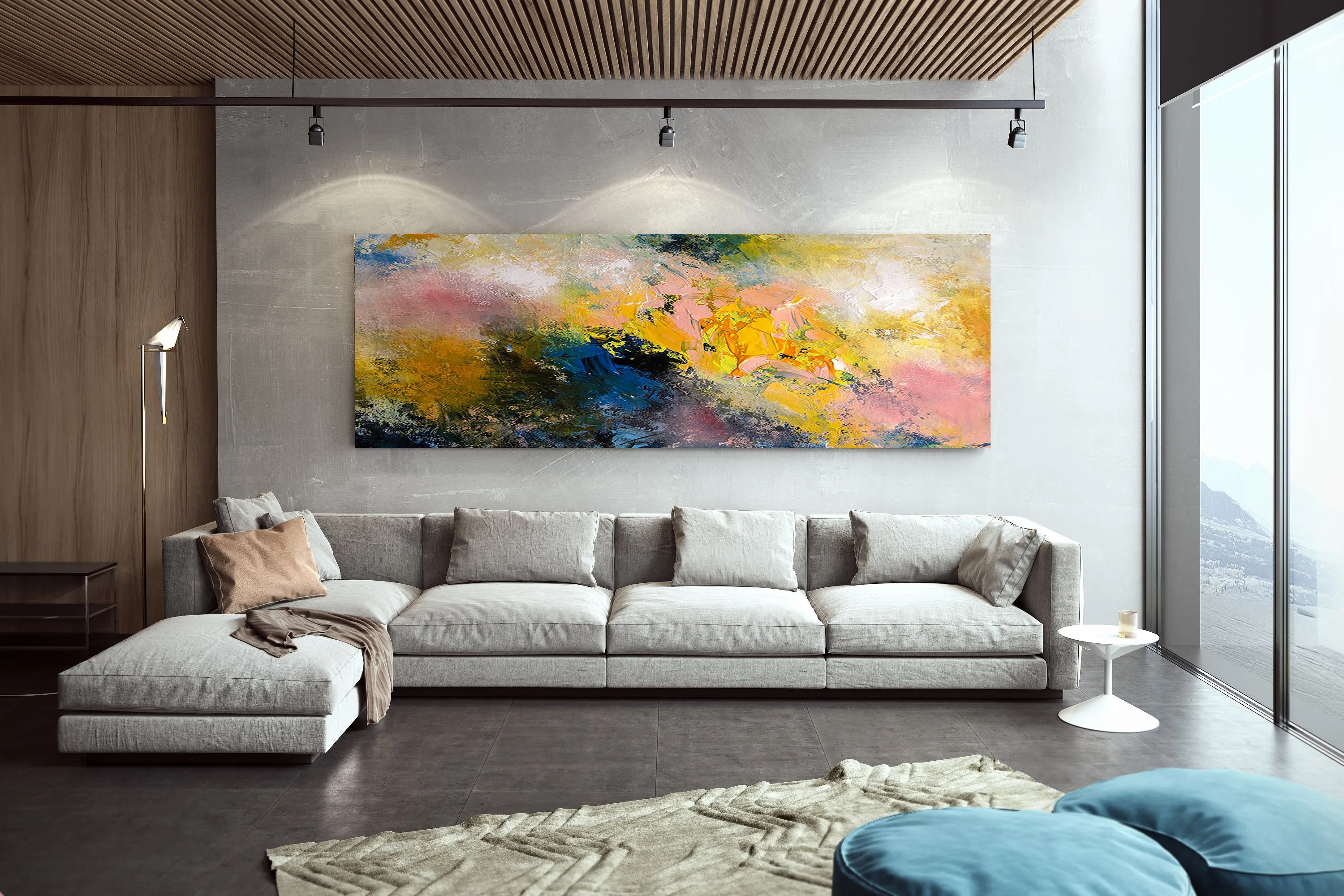 Extra Large Modern Wall Art Yellow Pink Blue Dine Room Wall Art