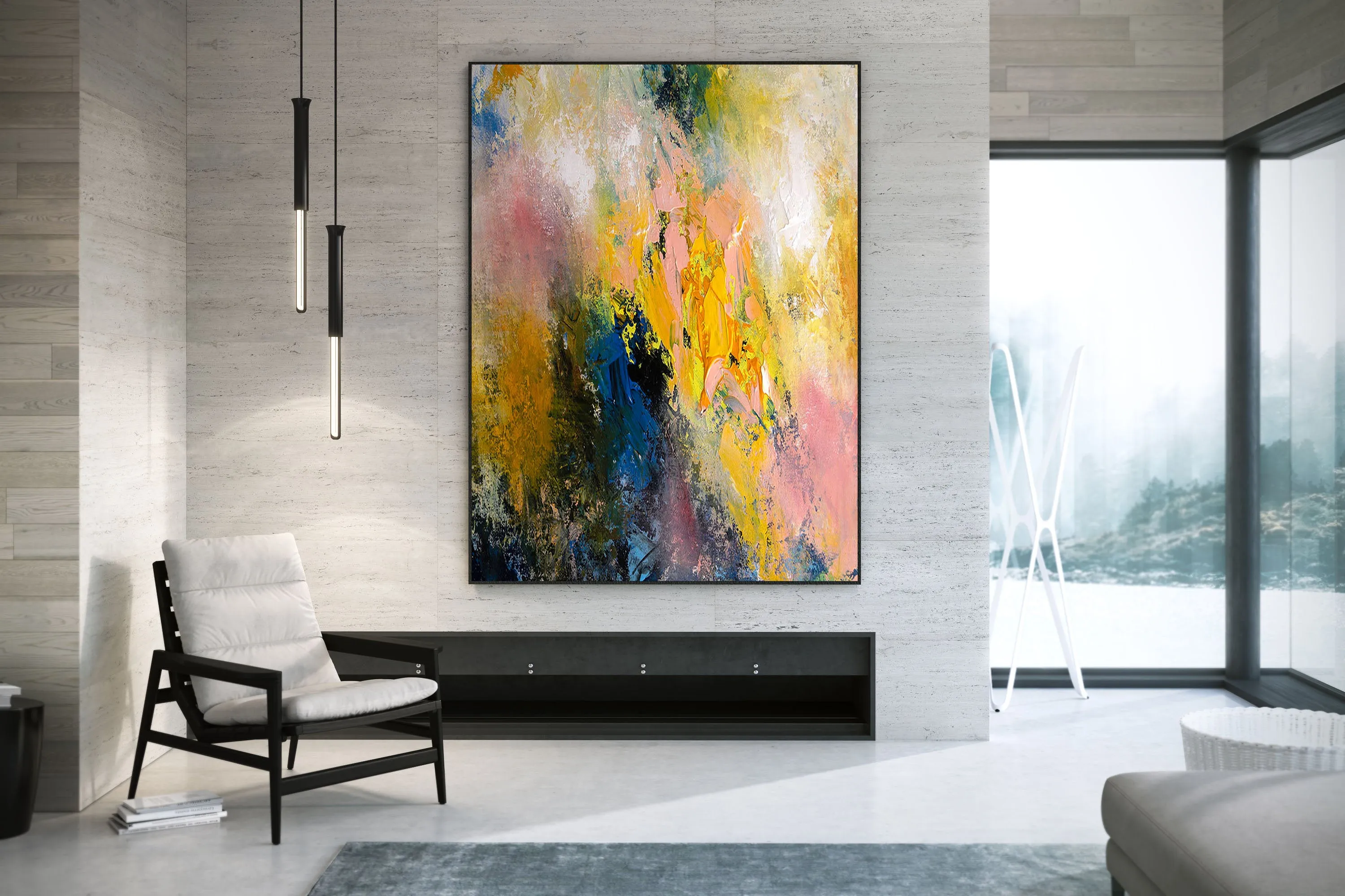 Extra Large Modern Wall Art Yellow Pink Blue Dine Room Wall Art