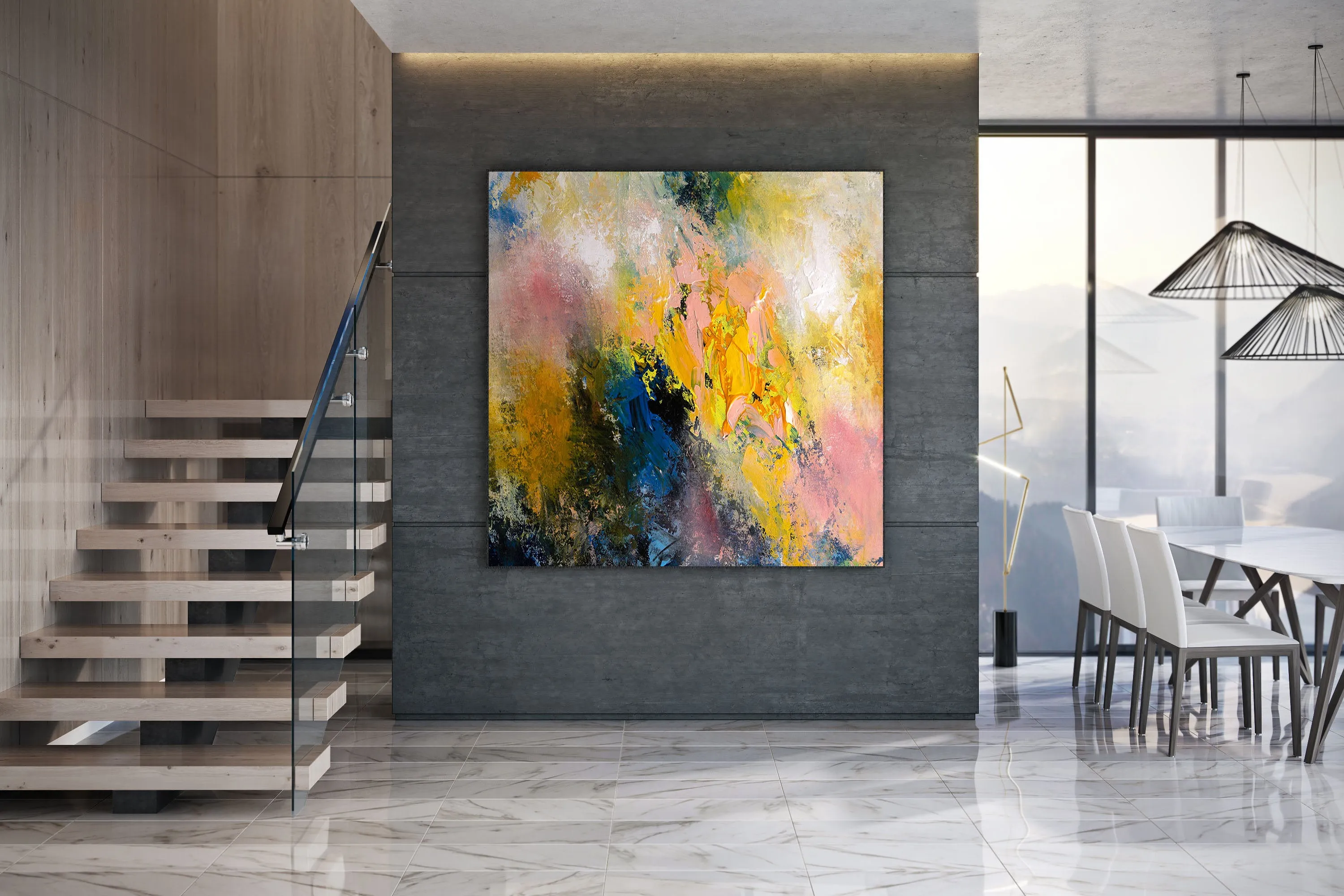 Extra Large Modern Wall Art Yellow Pink Blue Dine Room Wall Art