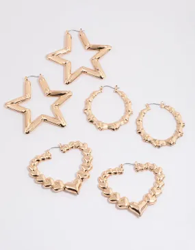 Gold Textured Star Hoop Earrings Pack