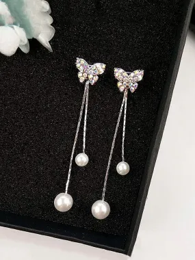 Kairangi Earrings for Women and Girls, Fashion Crystal Stone Dangler, Silver Tone Long Earring, Butterfly Shaped Pearls, Birthday Gift and Women Anniversary Gift for Wife