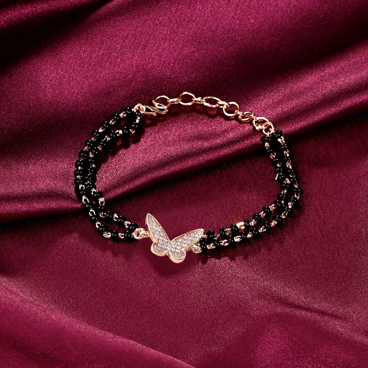 Kairangi Mangalsutra Bracelet for Women Black Beads Butterfly Charm Rose Gold Plated Hand Mangalsutra Bracelets for Women | Marriage Anniversay Birthday Gift For Wife and Women