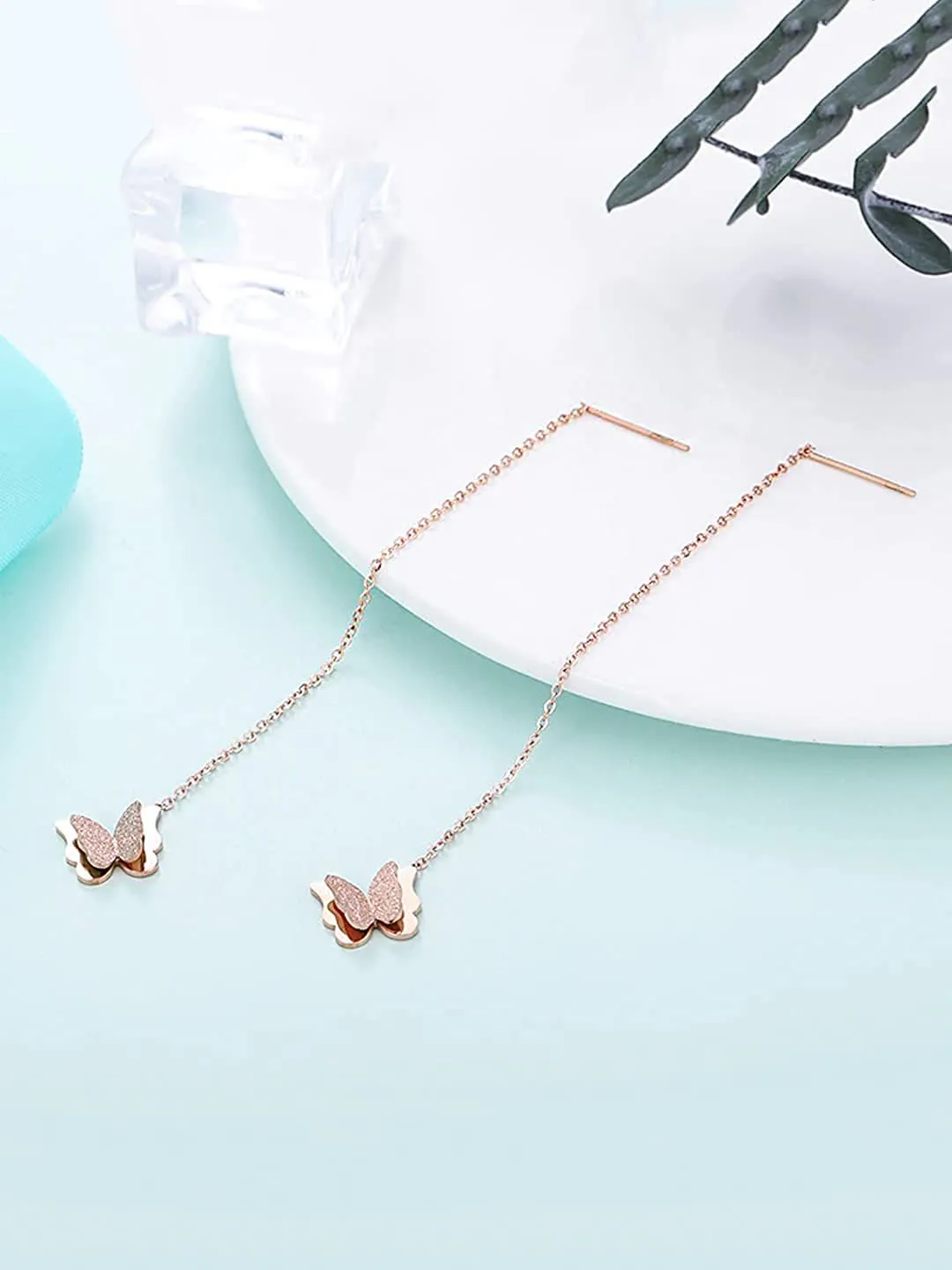 Kairangi Threader Earrings for Women Western Rose Gold Plated Stainless Steel Butterfly Shaped Threader Earrings For Women and Girls