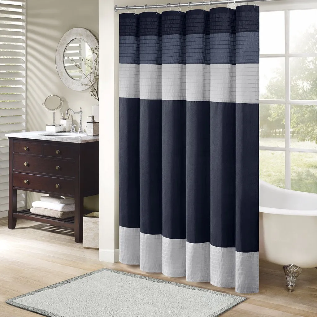 Madison Park Amherst Bathroom Shower Curtain Faux Silk Pieced Striped Modern Microfiber Bath Curtains, 72x72 Inches, Navy