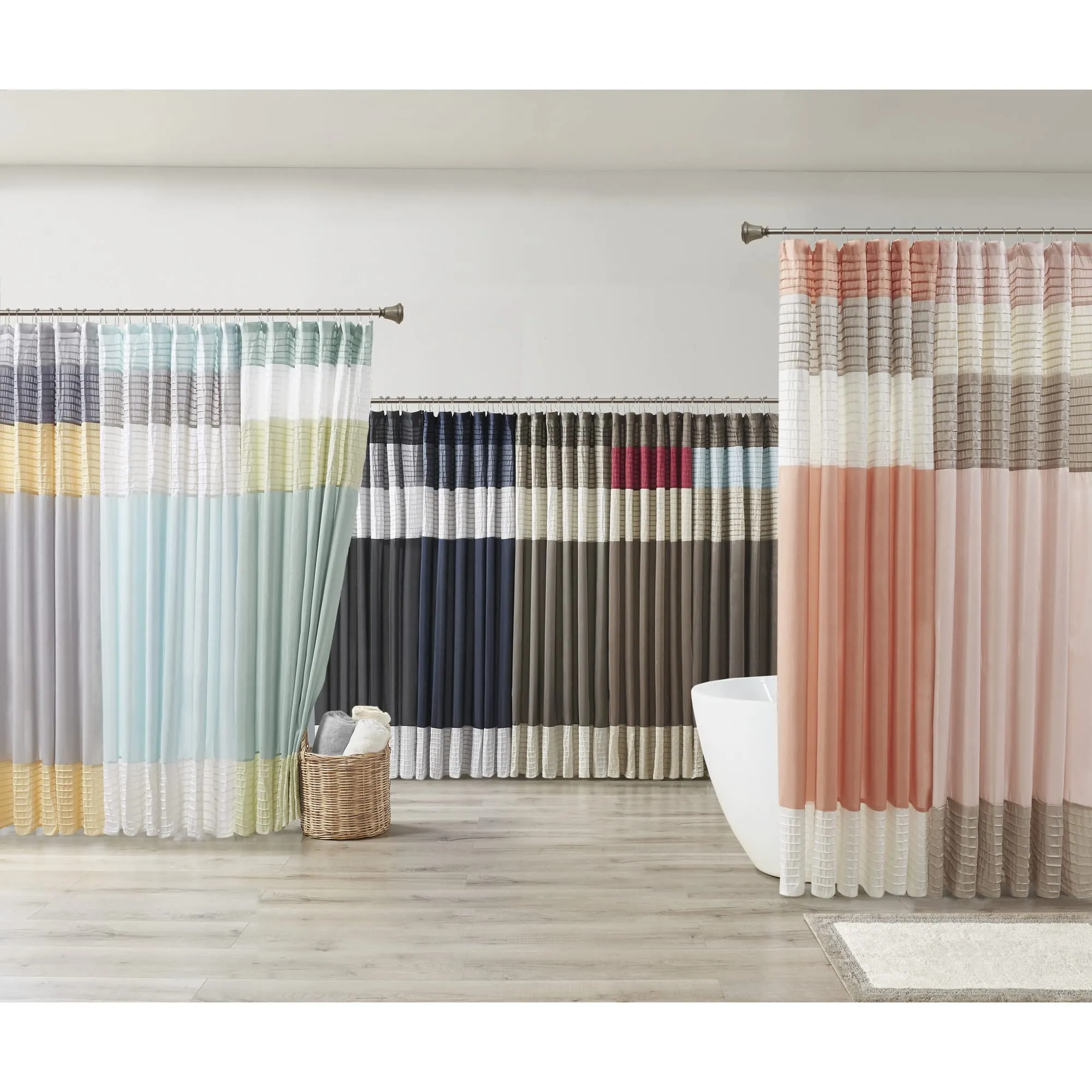 Madison Park Amherst Bathroom Shower Curtain Faux Silk Pieced Striped Modern Microfiber Bath Curtains, 72x72 Inches, Navy