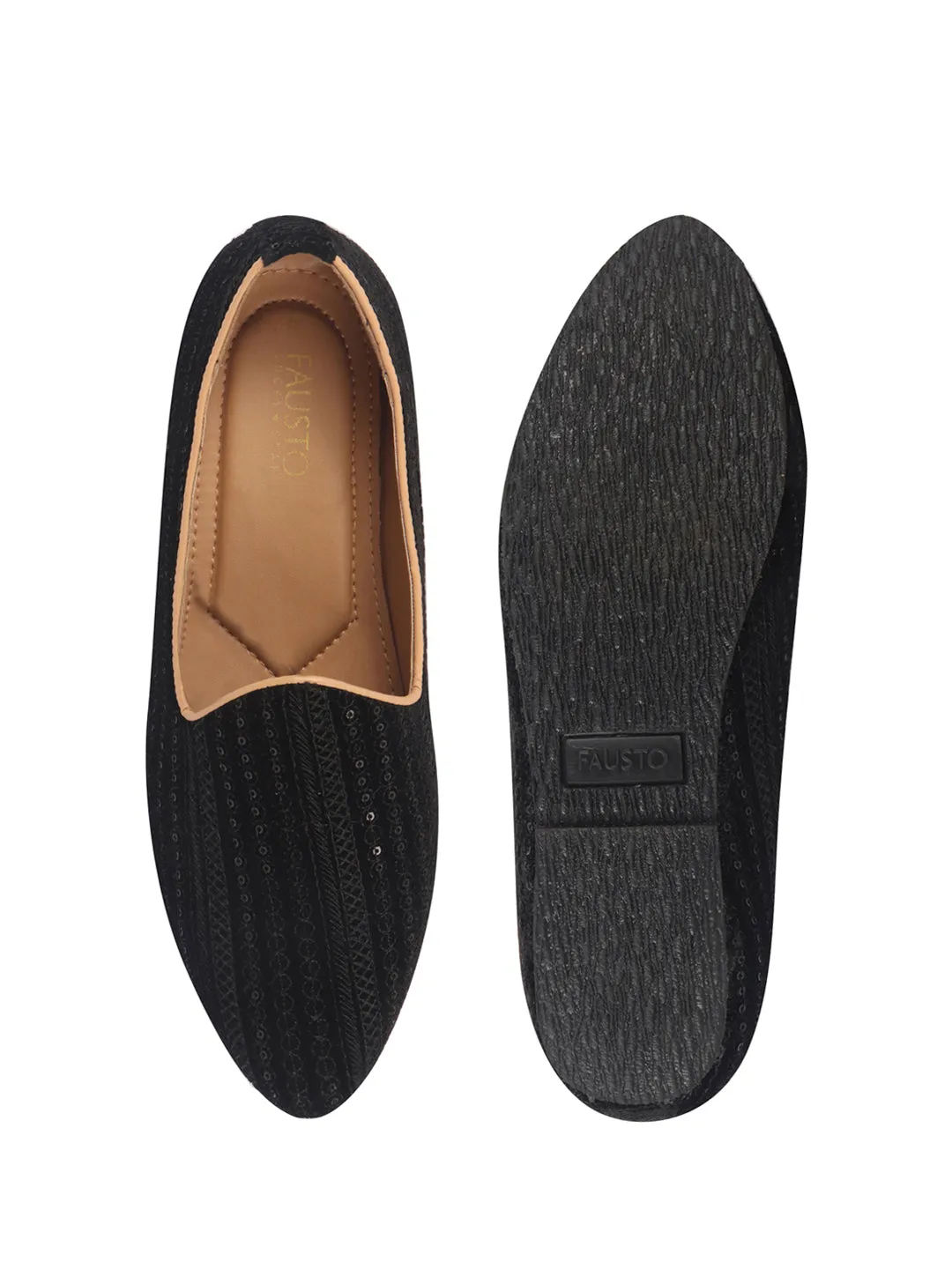 Men Black Embroidery Sequin Ethnic Slip On Juttis and Mojaris for Wedding|Festive Slip-On For Kurtas|Traditional Sherwani Shoes