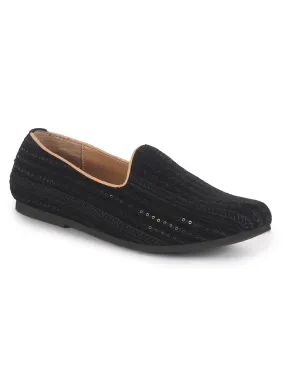 Men Black Embroidery Sequin Ethnic Slip On Juttis and Mojaris for Wedding|Festive Slip-On For Kurtas|Traditional Sherwani Shoes