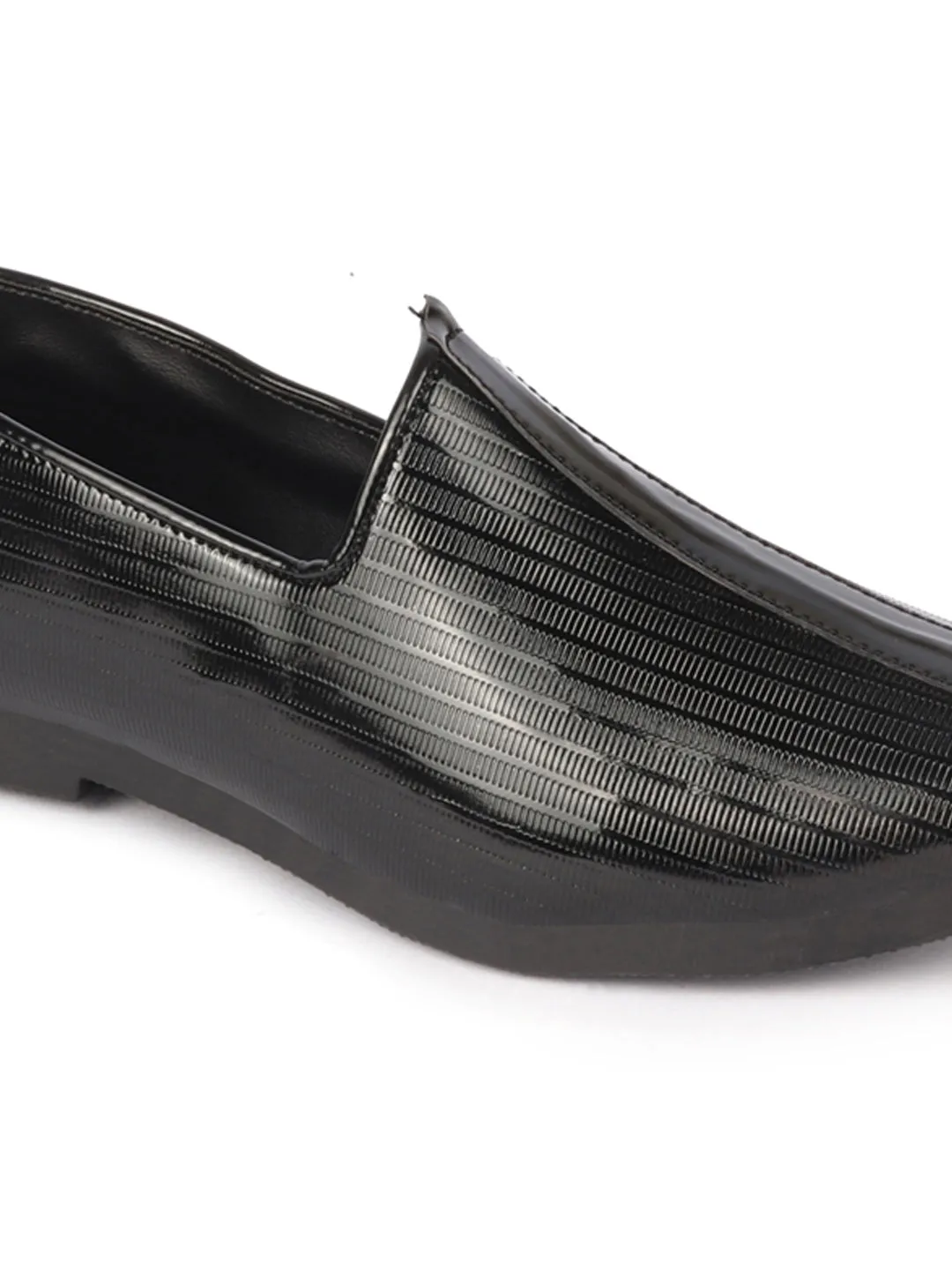 Men Black Glossy Shine Textured Design Wedding Festive Ethnic Slip On Jutis and Mojaris