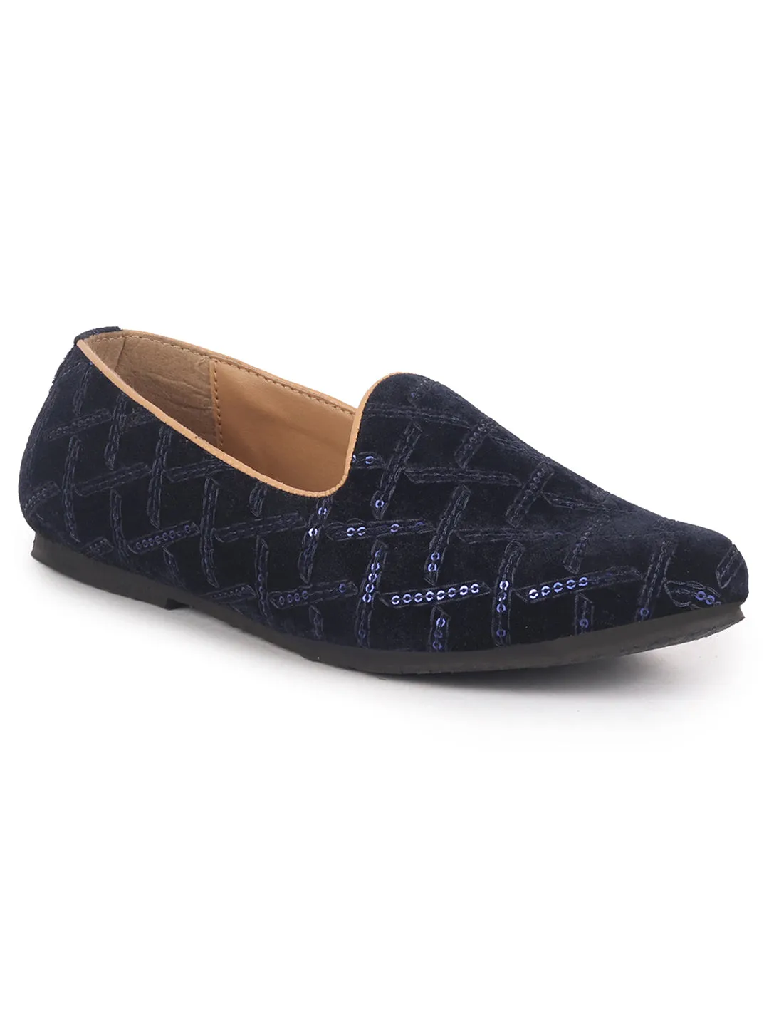 Men Blue Embroidery Sequin Ethnic Slip On Juttis and Mojaris for Wedding|Traditional Sherwani Shoes|Festive Slip-On For Kurtas