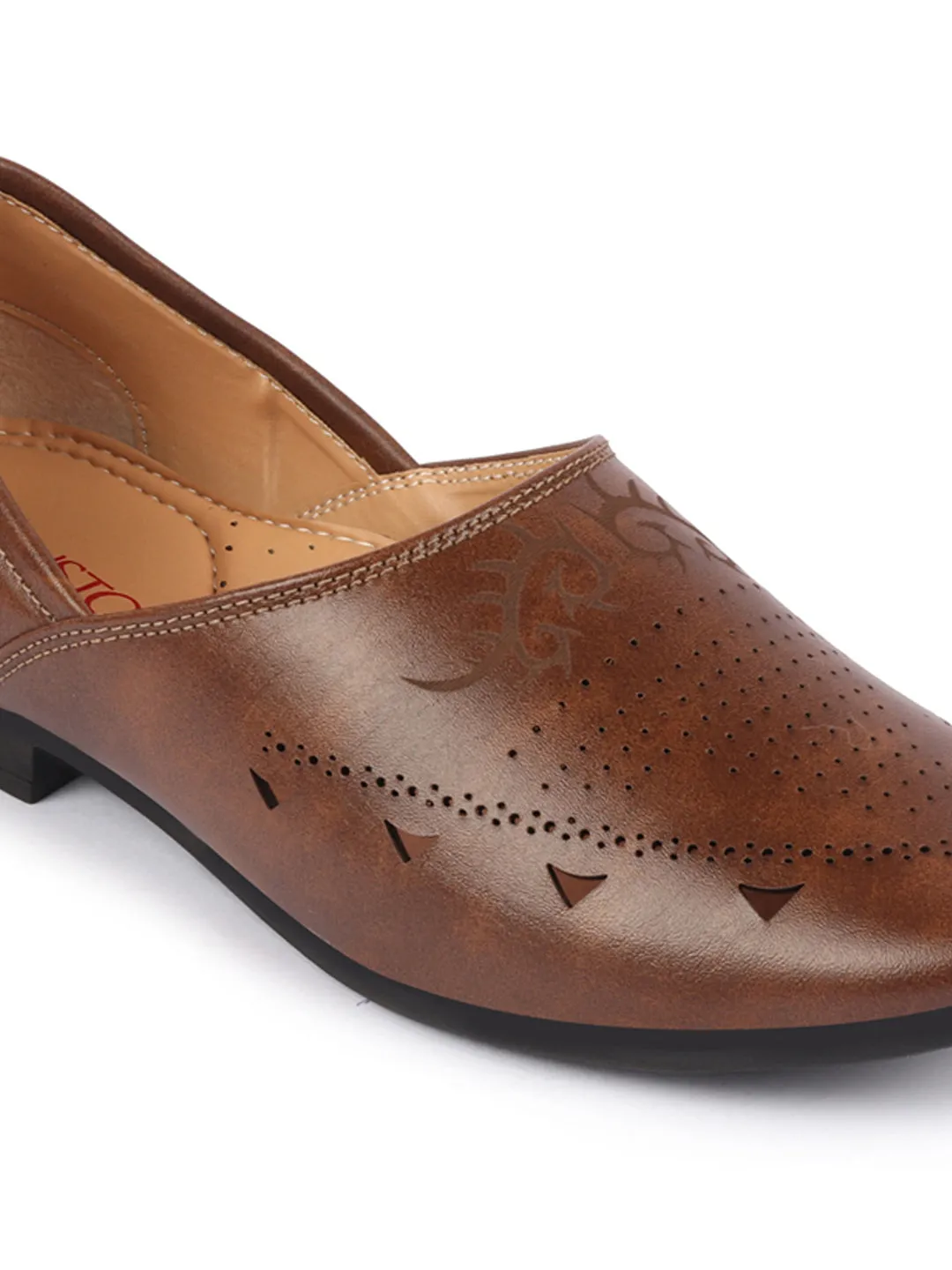 Men Brown Ethnic Wedding Party Laser Cut Perforated Design Slip On Juttis and Mojaris