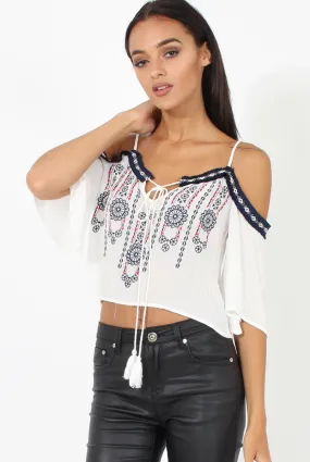 White Cold Shoulder Embroidered Crop Top - Carrie