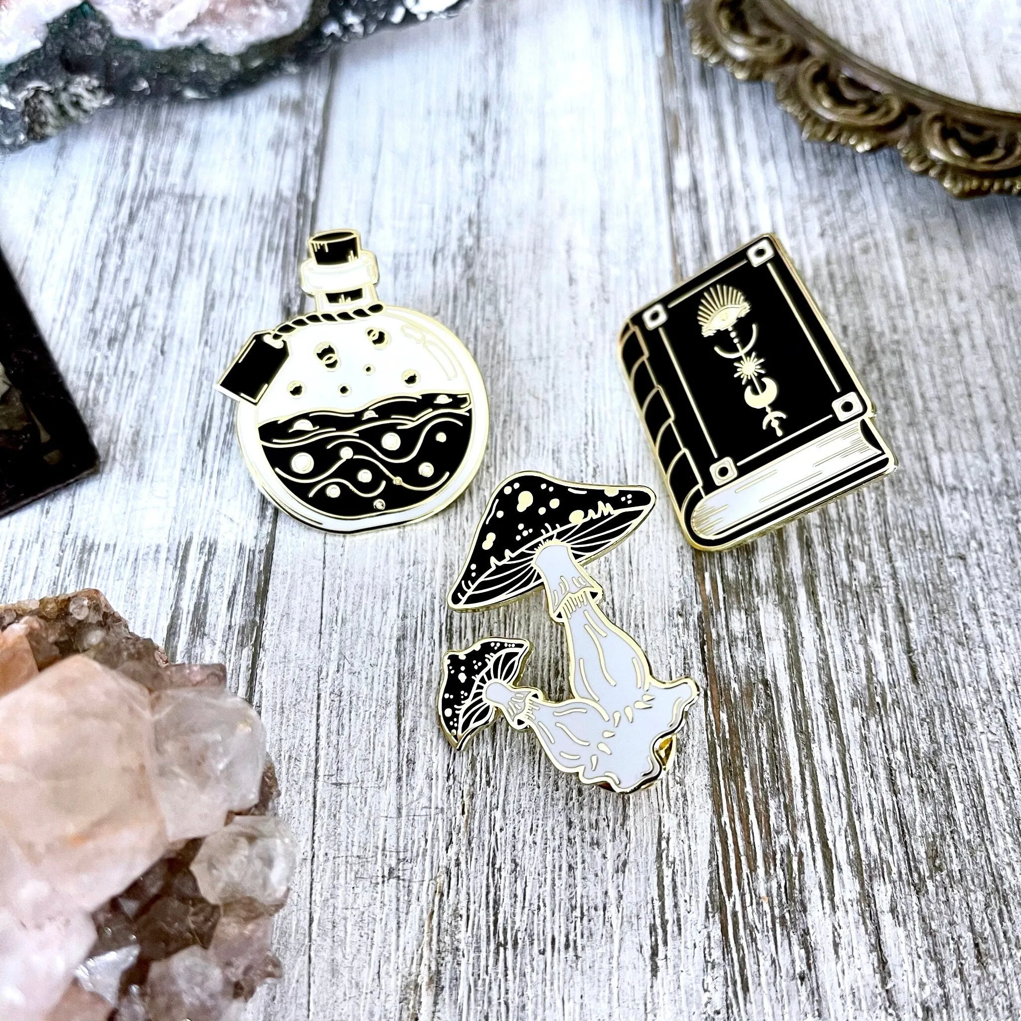 Witchy Pin Set  - Set Of 3 Witchy Enamel Pins- Mushroom Pin, Potion Bottle Pin, Witch Pin , Book Pin