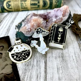 Witchy Pin Set  - Set Of 3 Witchy Enamel Pins- Mushroom Pin, Potion Bottle Pin, Witch Pin , Book Pin