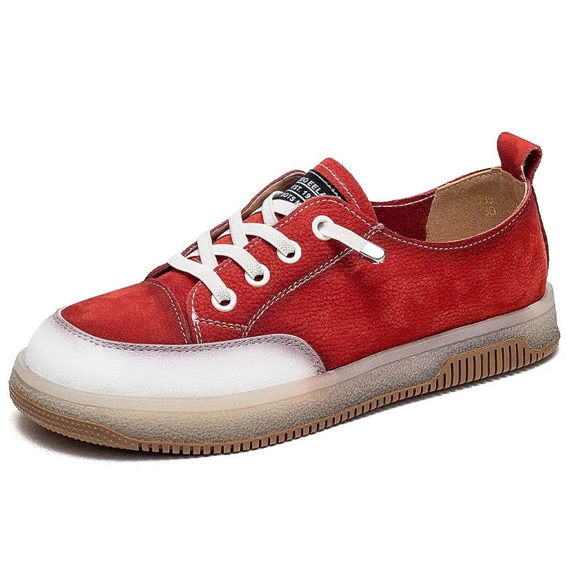 Womens Handmade Low Top Lace Up Soft Leather Flat Sneakers Jelly Bottom in Red/Coffee/Khaki