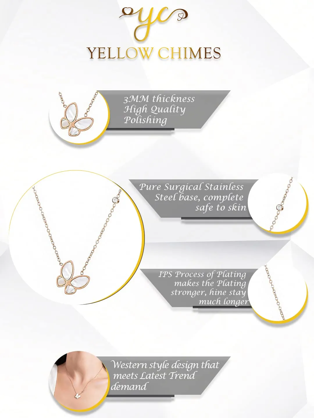 Yellow Chimes Butterfly Pendant for Women Rose Gold-Plated Stainless Steel Butterfly Chain Pendant Necklace for Women and Girls.