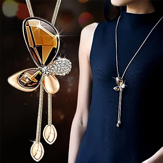 Yellow Chimes Classic Crystal Butterfly 18K Rose Gold Stylish Long Chain Pendant Necklace for Women and Girls