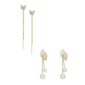 Yellow Chimes Earrings For Women Gold Tone 2 Pair Combo of Butterfly and Leaf Designed Stone Pearl Dangler Earrings For Women and Girls