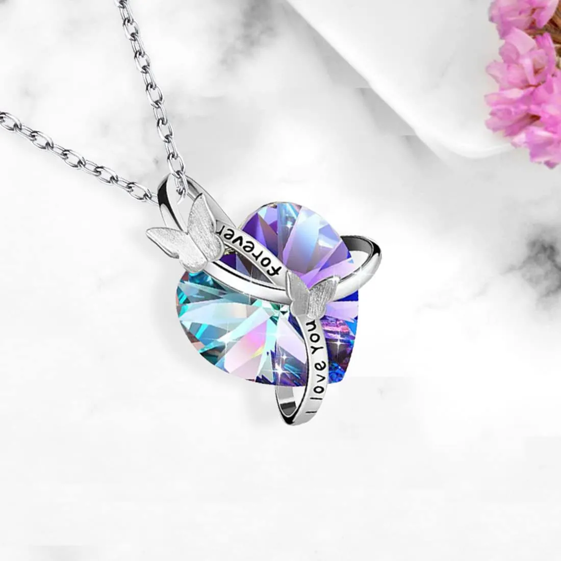 Yellow Chimes Pendant for Women and Girls Blue Crystal Pendant Silver Toned Crystal Heart Butterfly Pendent Chain for Girls | Birthday Gift for girls Anniversary Gift for Wife (Purple Heart Pendant)